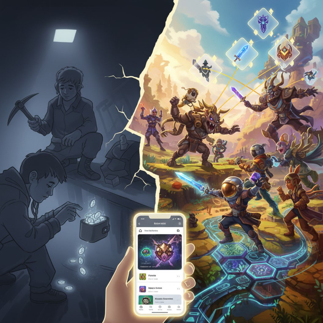 Comparison image showing the evolution from Web2 (P2E grind) to Web3 (Play-to-Own quality). Left: a dim, monochrome scene of players mining coins. Right: a bright, colorful fantasy scene with heroes trading NFT assets, managed via a mobile app.