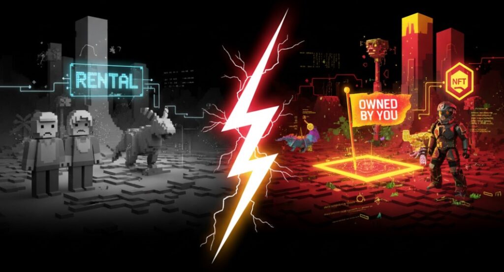 Split image. Left: a dull, gray landscape from a Web2 game with the word “Rental” written on it, depicting a dreary, no man's land. Right: a bright, dynamic Web3 digital landscape (e.g., a fantasy land or stylized avatar in the background) with a clearly visible glowing red or yellow “Owned by You” marker, with lightning bolts piercing the ground. The background is black or very dark for contrast. Translated with DeepL.com (free version)