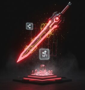 A highly detailed, futuristic, or fantasy game item (e.g., sword, armor, tool) with a bright red or yellow neon glow. This item hovers above the platform, with glowing lines extending from it to the NFT or blockchain icon. The background is dark to make the item stand out, with electric or lightning effects.