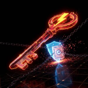 A glowing NFT key, designed in a cyberpunk or techno-fantasy style, with red and yellow neon accents, breaking chains or barriers, symbolizing the liberation of digital property. The background is dark to make the key stand out, with blockchain elements glowing red or yellow.
