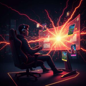 Silhouette of a gamer wearing headphones, sitting in front of a glowing screen. Bright red and yellow lines emerge from the screen and transform into financial charts, cryptocurrency icons, or NFT symbols surrounding the gamer. The background may feature abstract elements of blockchain or lightning bolts.