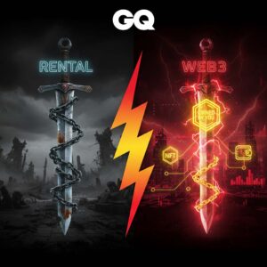 Left side (Web2/old thinking): A duller, gray, possibly even broken or chained-up game item (like a sword or shield) with the word “Rental” or a crossed-out ownership symbol. The background is gloomy and lifeless. Right side (Web3/new thinking): The same game item (or an upgraded version) glowing bright red and yellow neon, with a clear, dominant NFT icon or ownership symbol. Lightning bolts or energy lines emanate from it, connecting it to a digital wallet or blockchain. The background is dark, but with energetic red and yellow flashes. In the center: A stylized GQ lightning bolt dividing the two halves.