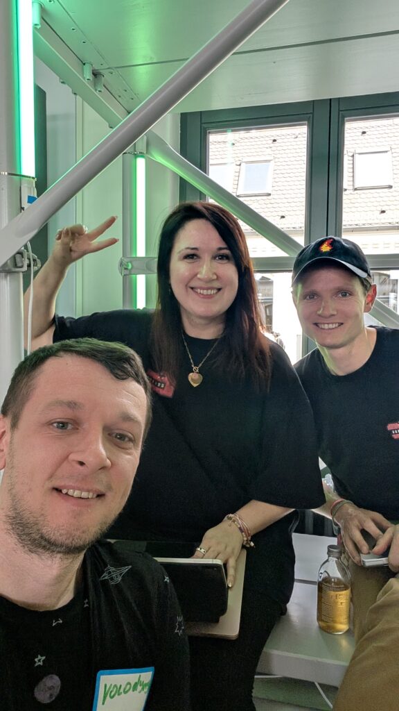 Agnes, Florian from Angry Dynomites Lab and GQ at Web3 event in June 18 2025 Berlin Germany