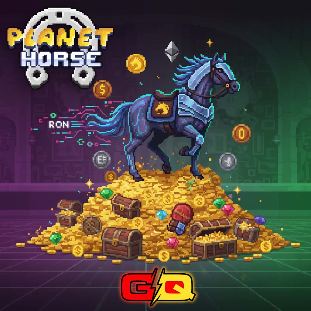 Лошадь в пиксельном стиле на большой куче золота и сундуков с богатствами. Planet Horse логотип слева вверху, GQ логотип снизу по центру