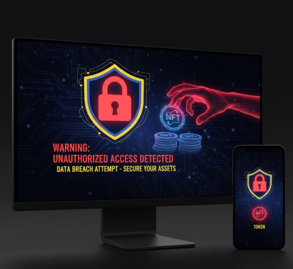 A computer monitor and a phone set against a dark background. The monitor displays a red and yellow warning with the text: "WARNING: UNAUTHORIZED ACCESS DETECTED DATA BREACH ATTEMPT - SECURE YOUR ASSETS." At the center is a large shield with a padlock. To the right, a glowing red hand is attempting to steal an NFT token from a stack of coins. The phone screen displays a similar shield and token.