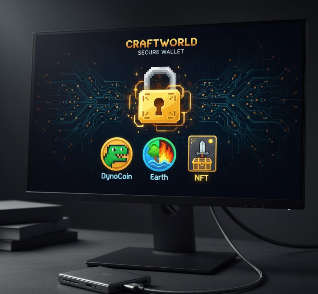 A schematic image of a hardware wallet (similar to Ledger or Trezor) connected to a PC. In the background, a padlock-shield is visible, protecting the icons of ERC-20 tokens (DynoCoin, Earth/Fire, NFT) and the text "CraftWorld" on the screen, symbolizing the security of in-game assets.