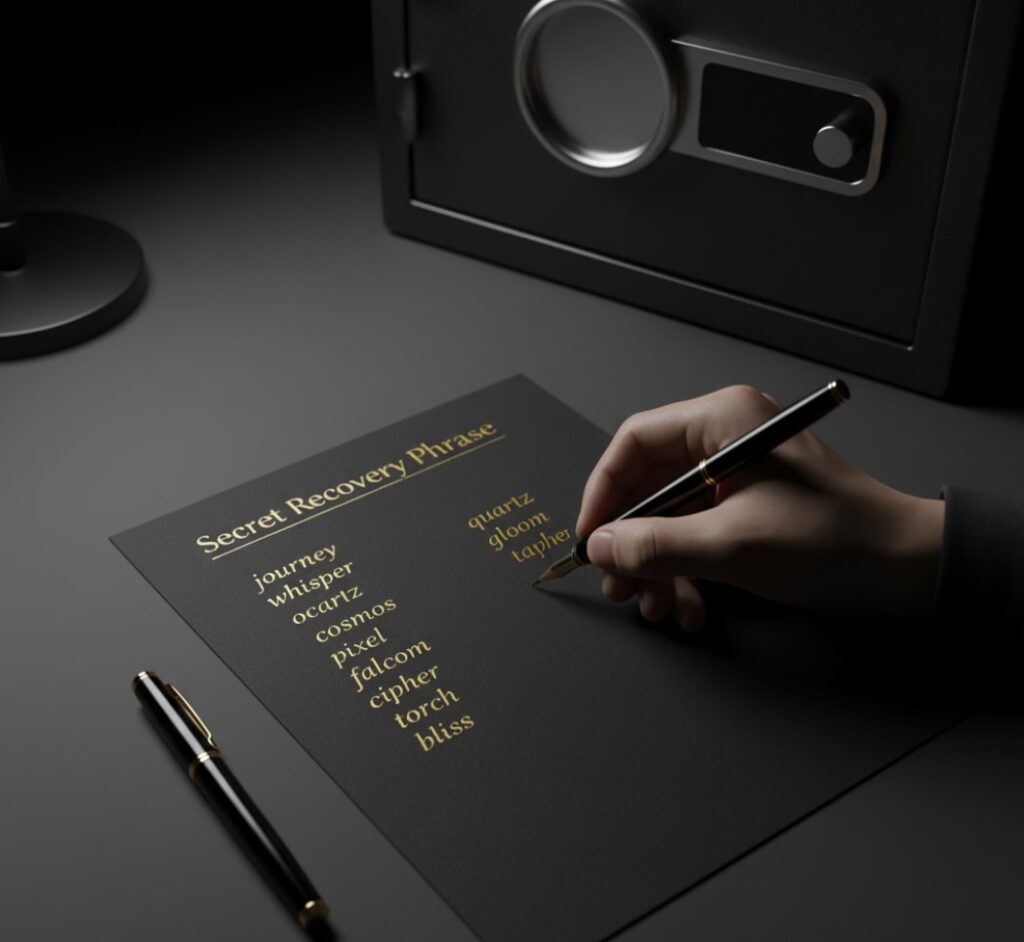 A Seed Phrase is being neatly written with a pen onto paper in a stylish, minimalistic presentation. A closed metal safe is visible next to the paper, emphasizing the importance of secure, offline storage for the phrase. The color scheme is dark, featuring high-contrast black ink on the paper.