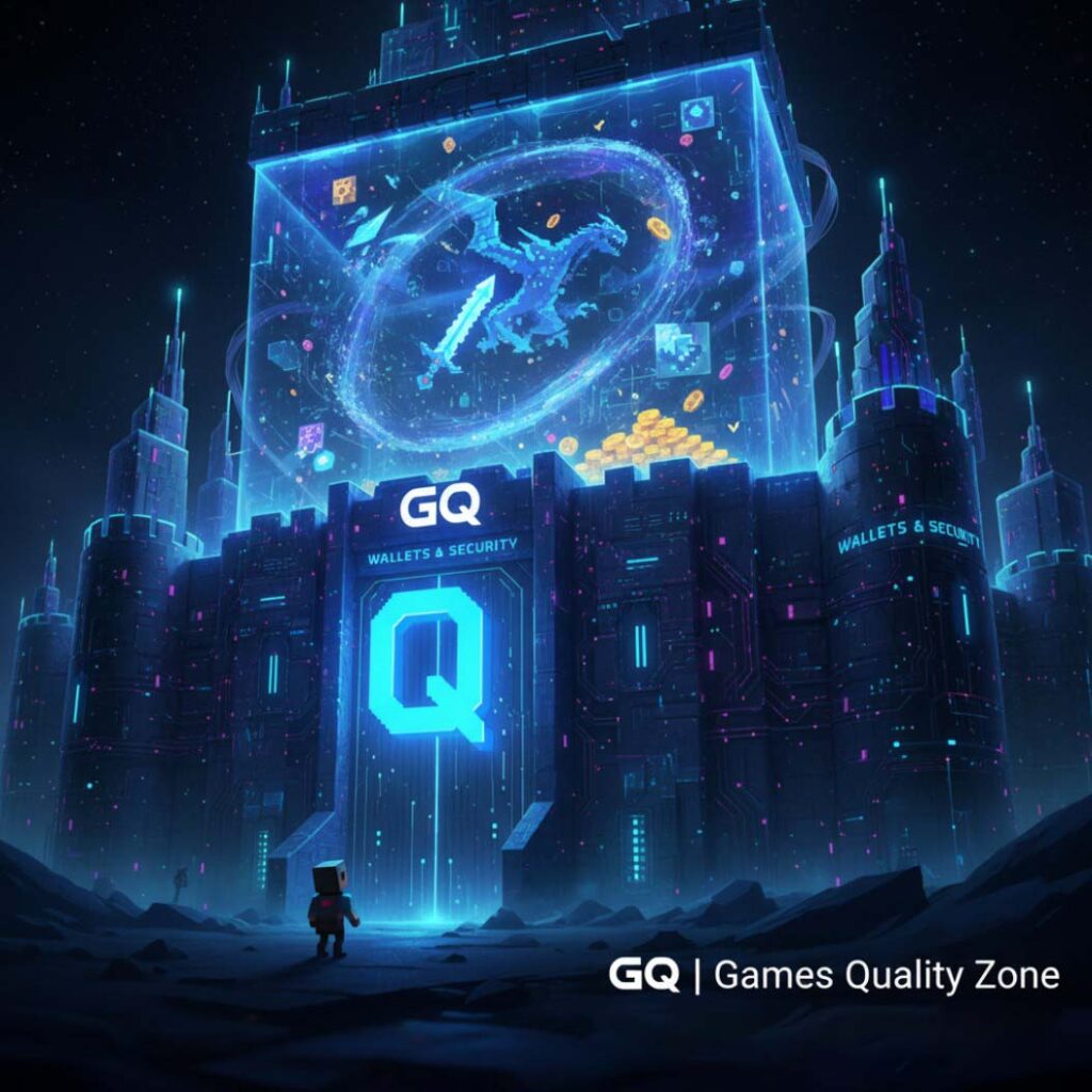 GQ: Futuristic digital fortress with a neon Q-shaped key and GQ logo against a starry background, symbolizing Web3 wallet and NFT security.