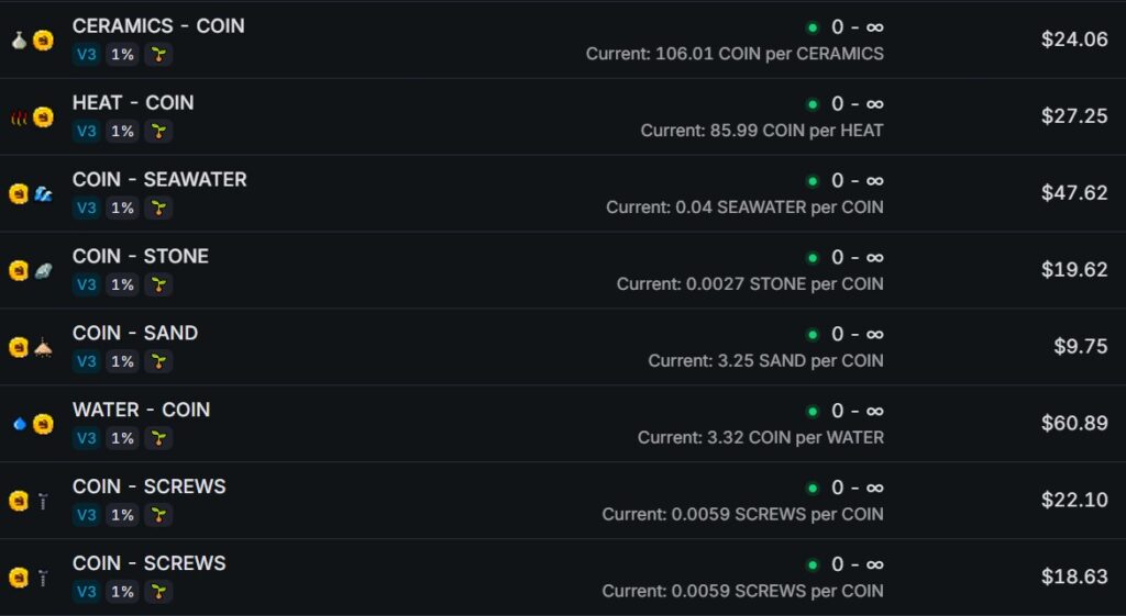 GQ Liquidity Pools on Katana Ronin. Resources from Craft World. Ceramics, Heat, Seawater, Stone, Sand, Water, Screws