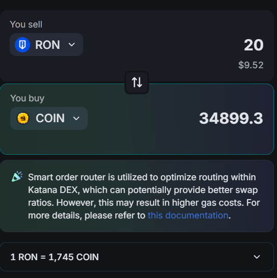 RON Exchange to Dynocoins on Katana Dex