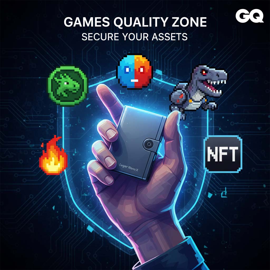 A stylized cybersecurity image: A hand securely grips a hardware crypto wallet (e.g., Ledger) against a dark, technological background. Neon pixelated icons of tokens from the CraftWorld game (such as DynoCoin, a stylized NFT dinosaur, or resources) flicker around the hand and the device. The image uses dark, high-contrast tones with bright blue/green accents, symbolizing maximum protection for digital assets.