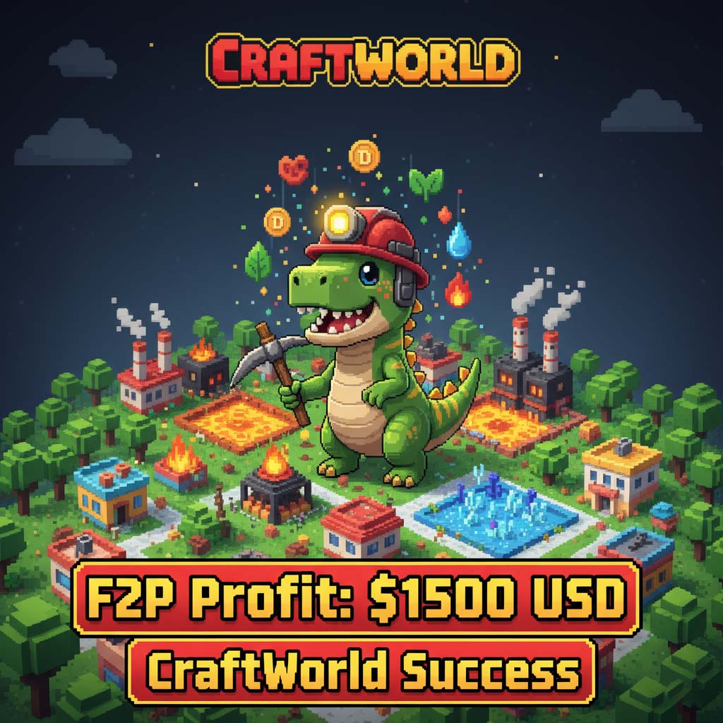 Яркая пиксельная графика с высоким разрешением, в верхней части которой выделяется логотип CraftWorld. В центре изображения - процветающая, организованная база игроков с фабриками и участками с ресурсами (Земля, Огонь, Вода). В центре изображен торжествующий пользовательский пиксельный персонаж (представляющий F2P-игрока), окруженный плавающими светящимися значками ресурсов DynoCoin и ERC-20. На переднем плане отчетливо видны выделенные жирным шрифтом надписи: "Прибыль от F2P: 1500 долларов США" и "Успех CraftWorld". Общий стиль - энергичный, детализированный, в нем использована высококонтрастная палитра красного, желтого и черного цветов бренда GQ