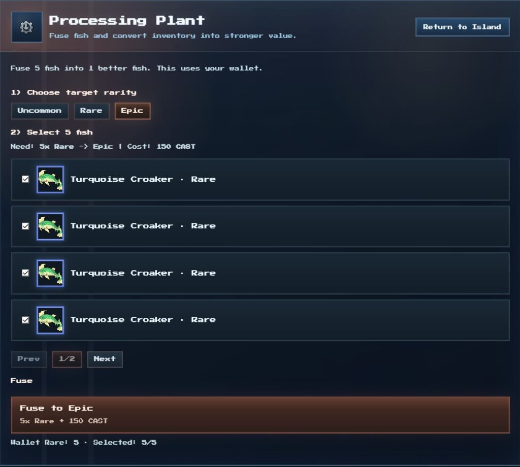Fish Fusion interface - 5 Rare fish combining into 1 Epic. Tested and confirmed working in testnet.