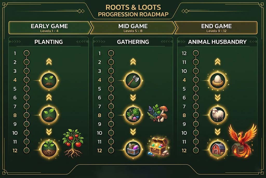 Roots & Loots progression roadmap