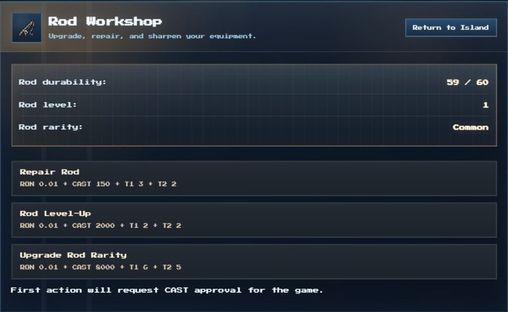 Rod Workshop in FISHLANDS - repair, craft, and enhance your fishing rod using $CAST and materials.
