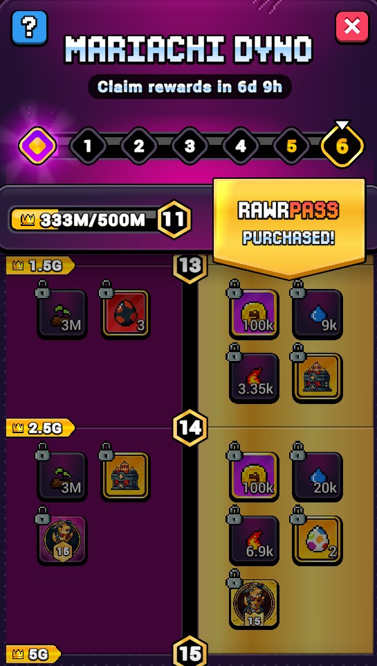 Craft World Cinco de RAWR Masterpiece reward tiers showing eggs, avatars, boosters and RAWRsome COIN rewards