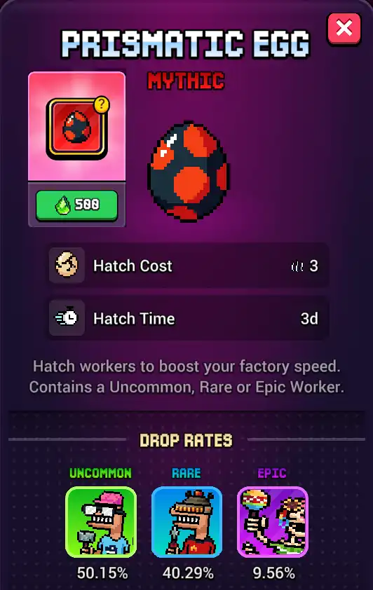Alt Text: Craft World Prismatic Egg in shop showing drop rates - 50.15% Uncommon, 40.29% Rare, 9.56% Epic