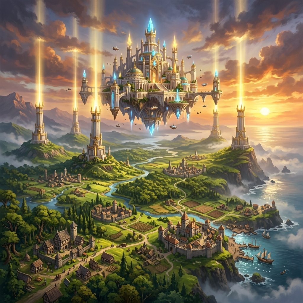Guild Wars 3 Epic fantasy landscape, Ancient Orr peninsula during golden age