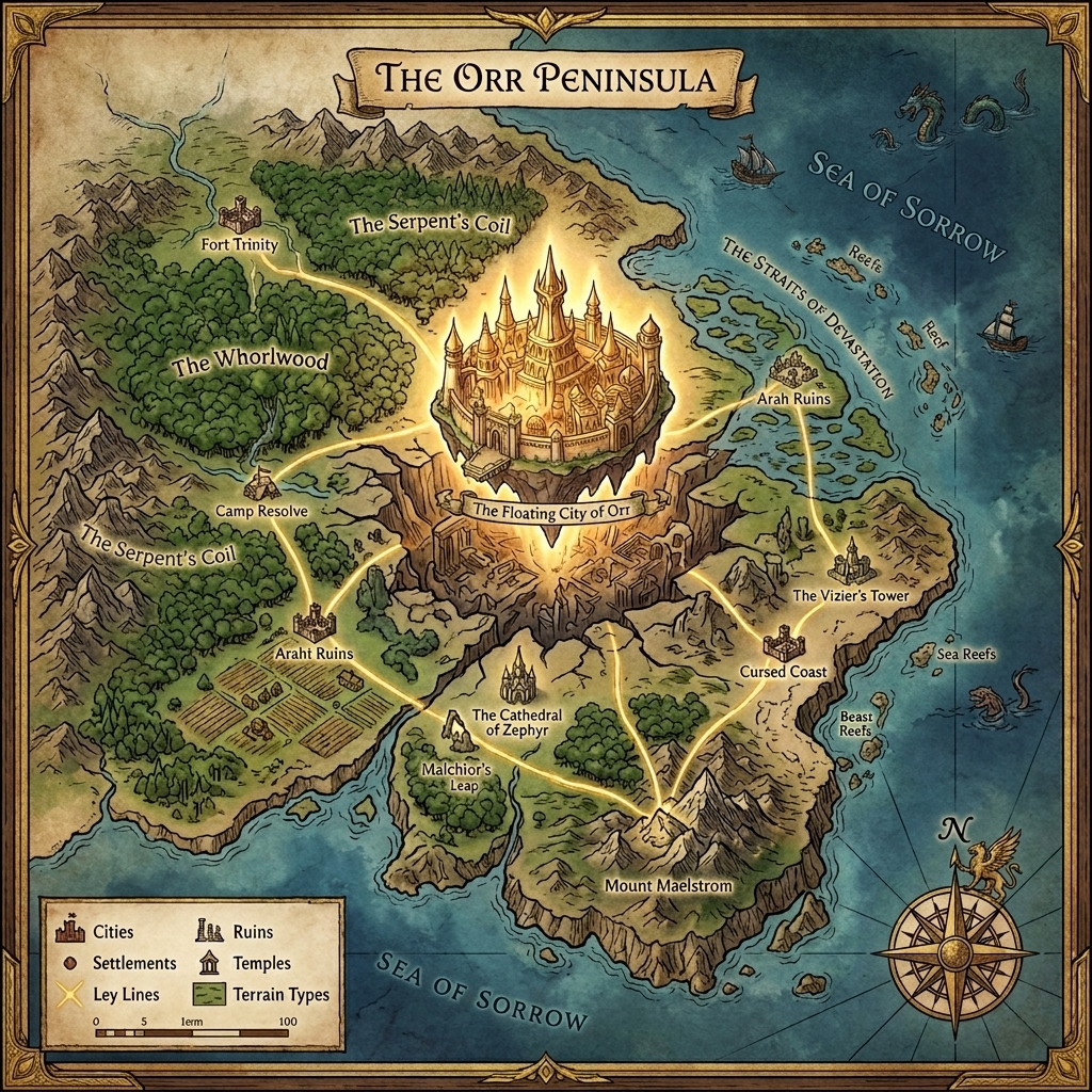 Guild War 3 Fantasy game map of Orr peninsula, parchment style, top-down isometric view