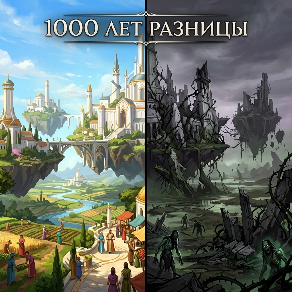 Guild Wars 3 Split screen comparison image, left side shows Ancient Orr in golden age