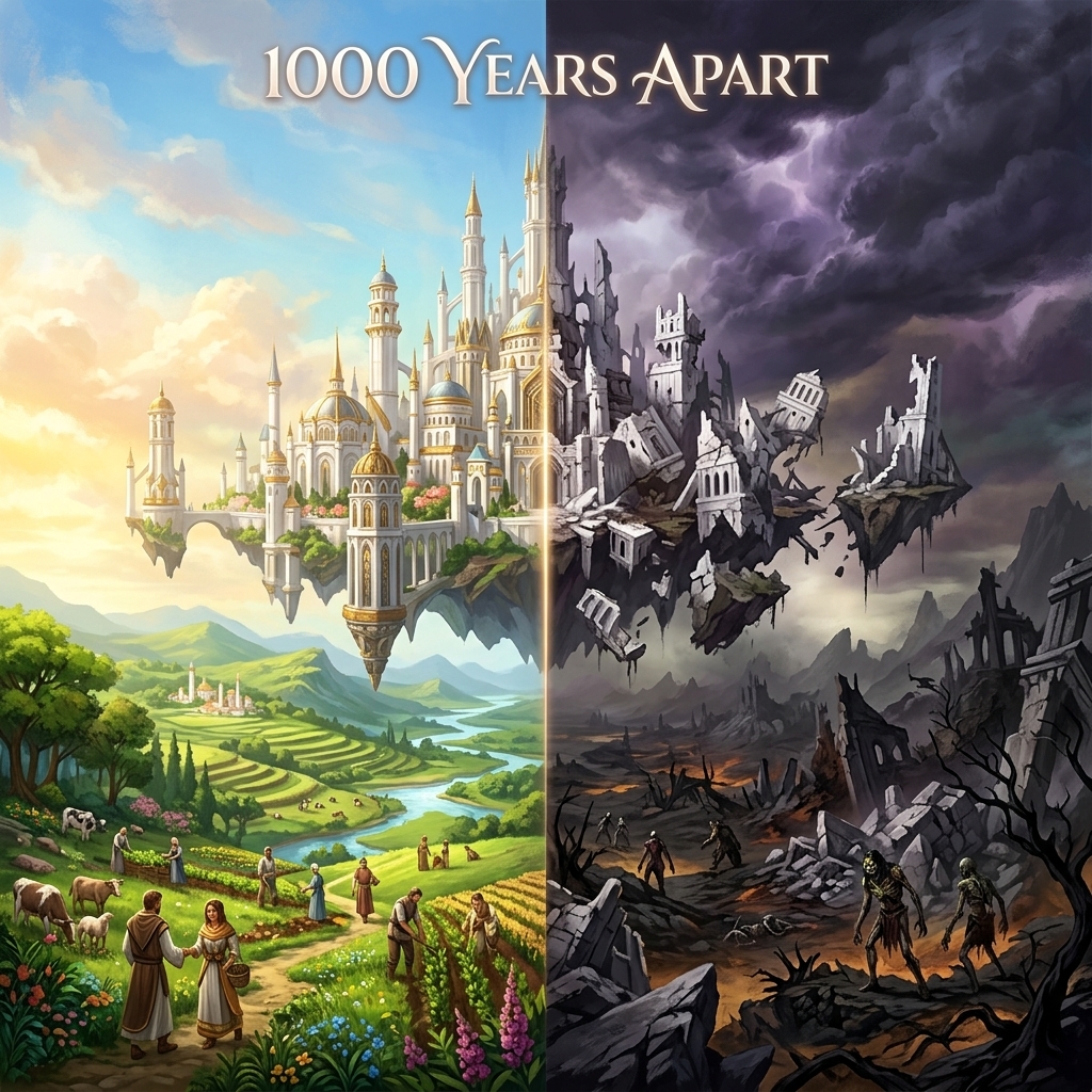 Guild Wars 3 Split screen comparison image, left side shows Ancient Orr in golden age