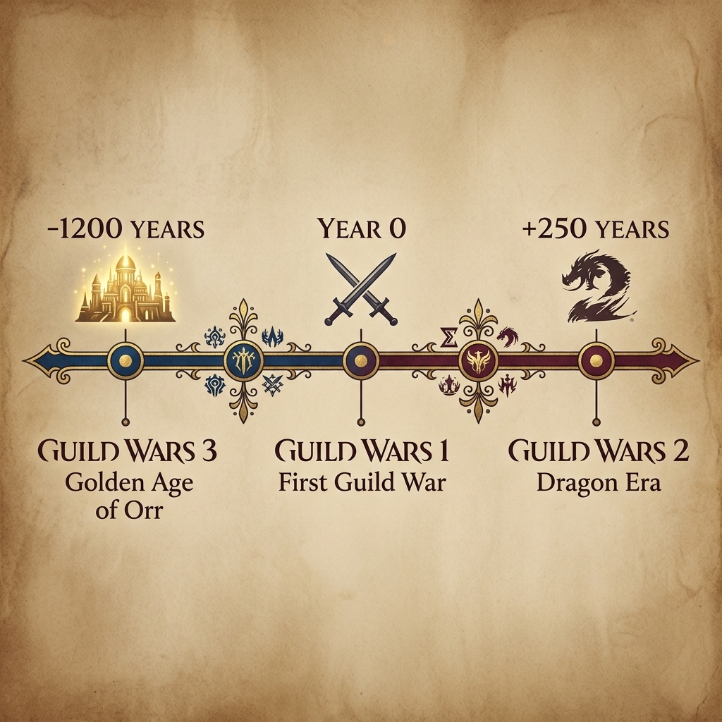 Guild Wars universe timeline showing Guild Wars 3 position 1200 years before